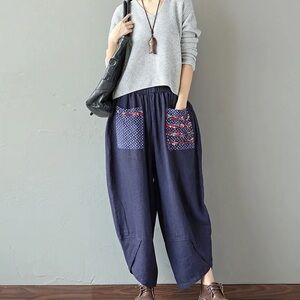 Plus Size Linen cotton blend Hippie festival boho pants size XXL navy pockets